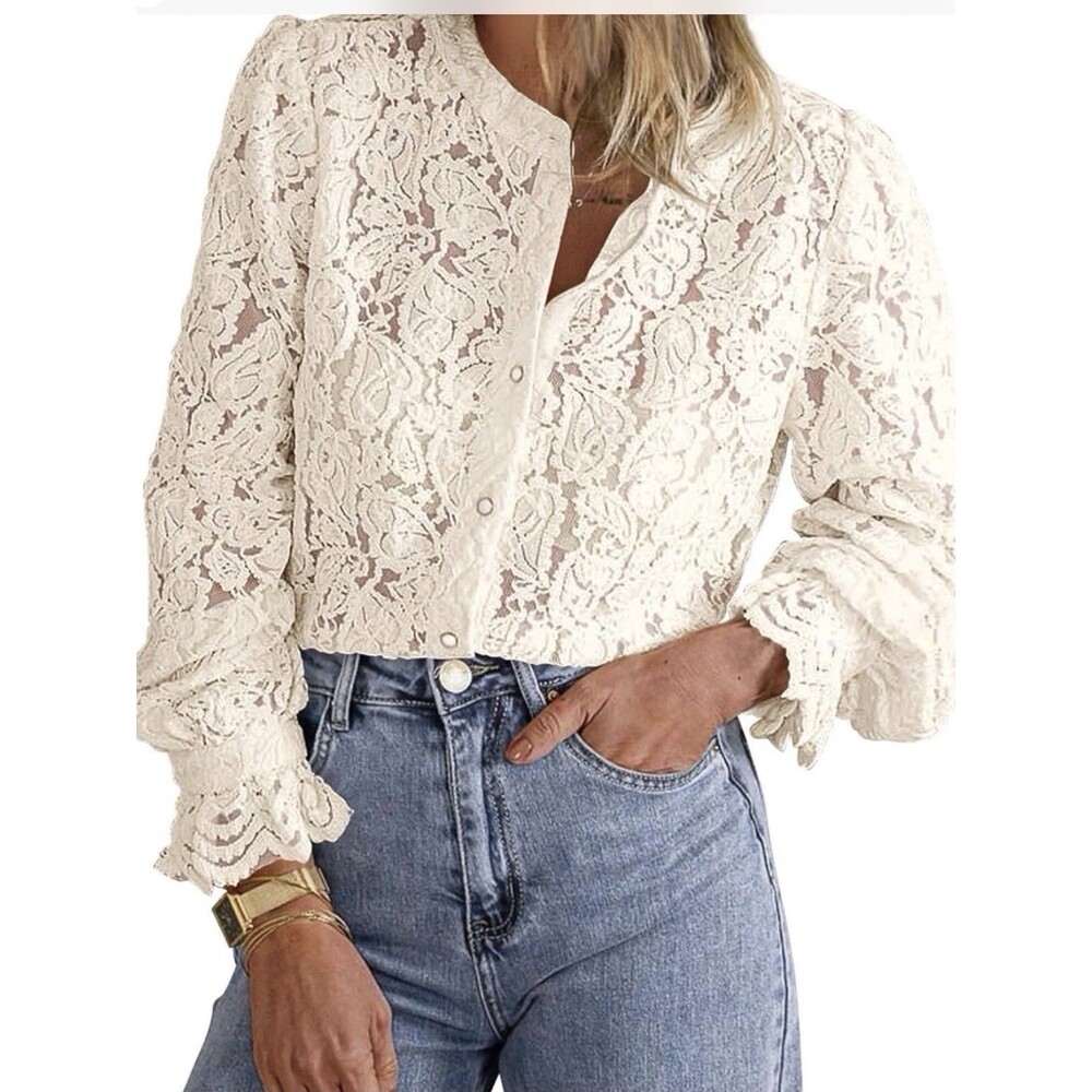 Pretty Garden Lace Mesh Top Cream Medium Button Up Poet Core Boho Hearts NWT